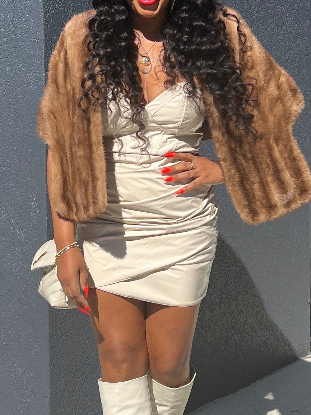 Cream Faux-Leather Mini Dress with corset detail